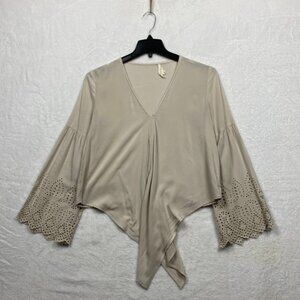Lovestitch Shirt Womens Small Beige Preppy Eyelet Perforated Sleeve Blouse Top